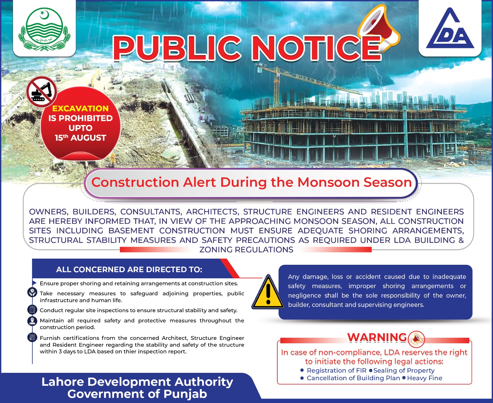 LDA public notice: Construction alert during the monsoon season. Excavation prohibited until 15 August.