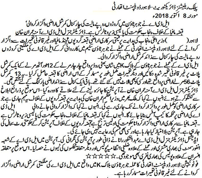 LDA has recovered 4 Kanal Commercial land from Land Mafia in M.A Johar Town